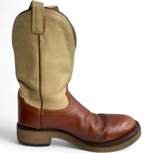 Old West Ivory Brown Long Straps Leather Western Cowboy Work Boots Men's 10 D - Picture 2 of 12